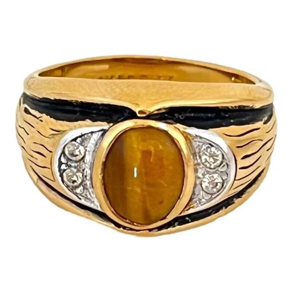Vintage 1960s Ring Uncas Size 11 Tiger's Eye 14K Gold Plate Mid-Century -14N